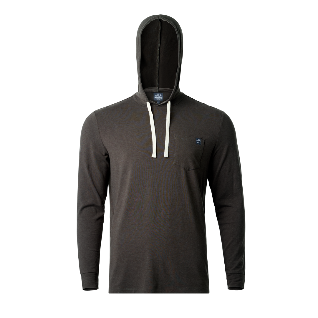 Lightweight bamboo long sleeve hoodie with UPF 50+ sun protection, moisture-wicking fabric, and breathable design for hunting, fishing, hiking, and outdoor adventures.