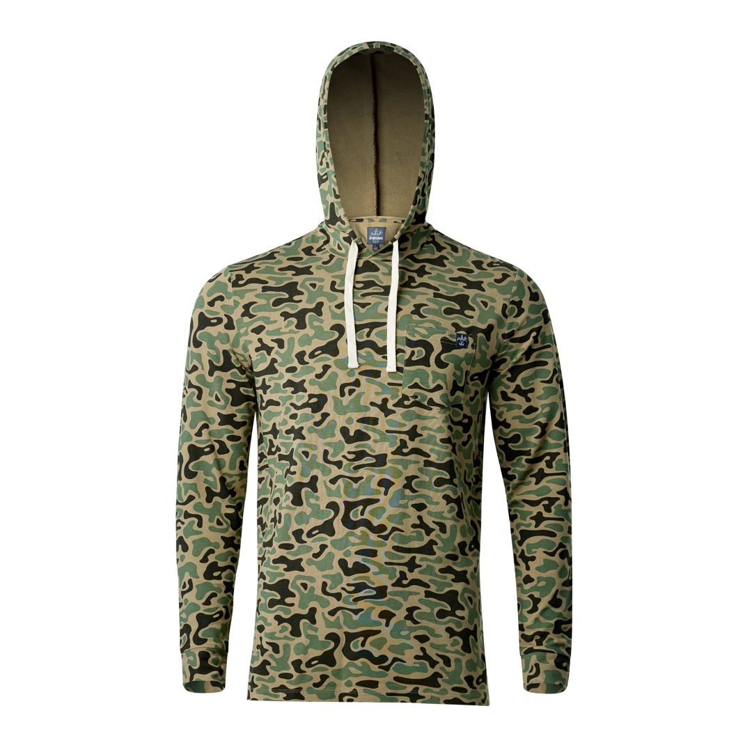 Lightweight bamboo long sleeve hoodie with UPF 50+ sun protection, moisture-wicking fabric, and breathable design for hunting, fishing, hiking, and outdoor adventures.