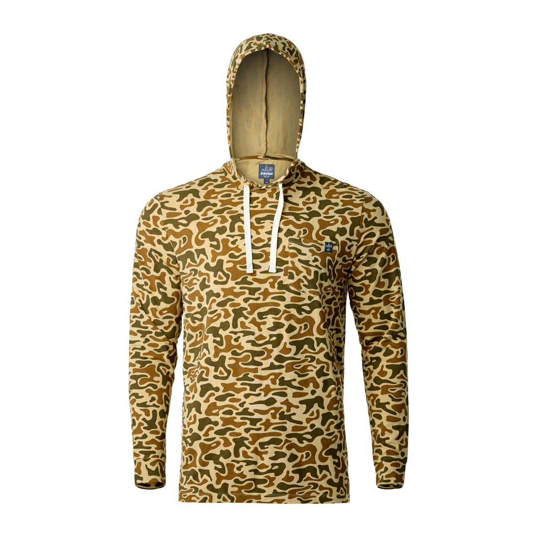 Lightweight bamboo long sleeve hoodie with UPF 50+ sun protection, moisture-wicking fabric, and breathable design for hunting, fishing, hiking, and outdoor adventures.