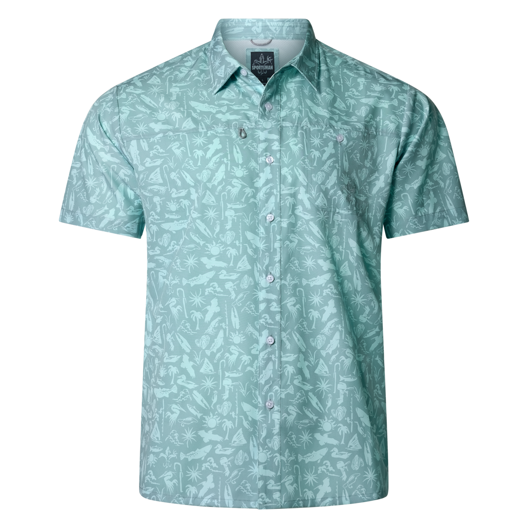 Men’s lightweight short sleeve fishing shirt with UPF 50+ sun protection, quick-dry fabric, and front pocket – ideal for anglers and outdoor activities.