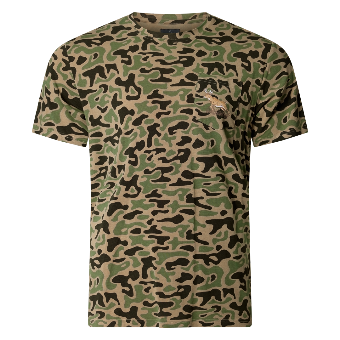 Performance bamboo blend short sleeve T-shirt with camouflage print, wildlife designs on pocket, breathable and stretchy, perfect for hunting, fishing, and outdoor activities.