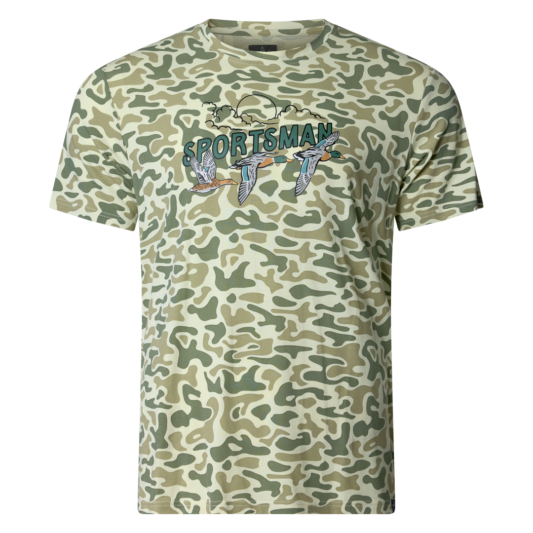 Performance bamboo blend short sleeve T-shirt with camouflage print, wildlife designs on pocket, breathable and stretchy, perfect for hunting, fishing, and outdoor activities.