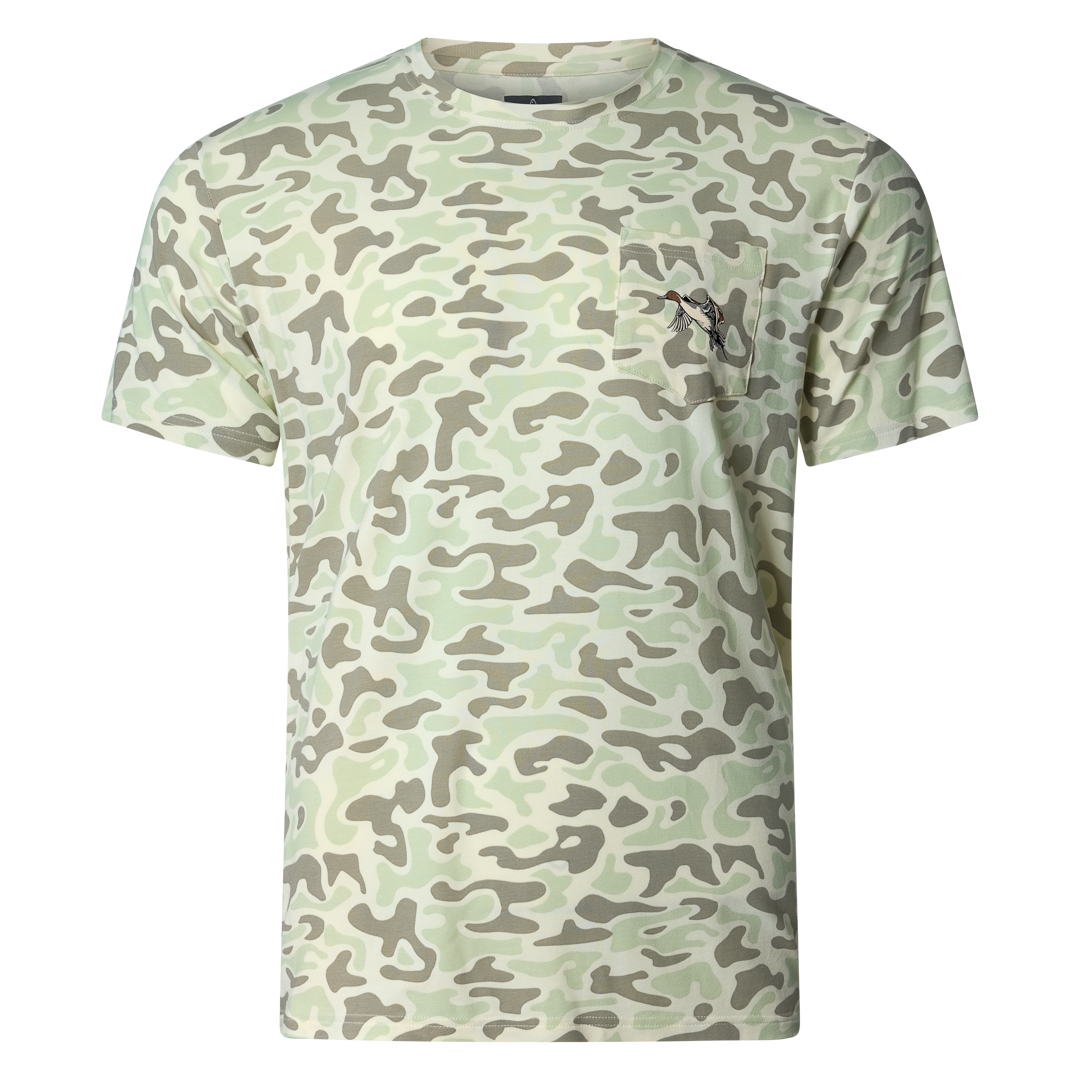 Performance bamboo blend short sleeve T-shirt with camouflage print, wildlife designs on pocket, breathable and stretchy, perfect for hunting, fishing, and outdoor activities.