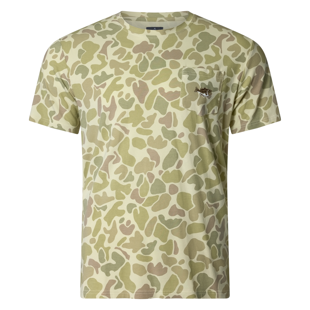 Performance bamboo blend short sleeve T-shirt with camouflage print, wildlife designs on pocket, breathable and stretchy, perfect for hunting, fishing, and outdoor activities.