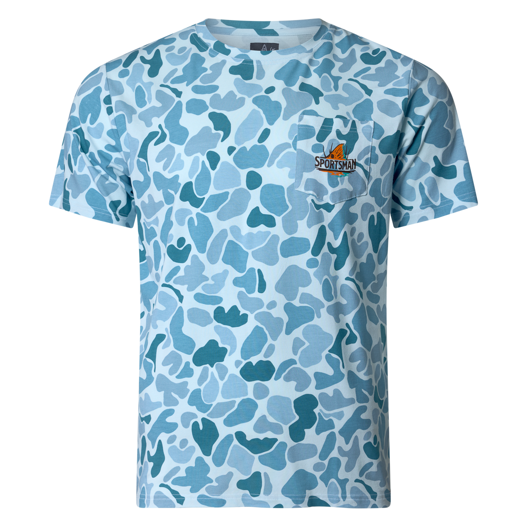 Performance bamboo blend short sleeve T-shirt with camouflage print, wildlife designs on pocket, breathable and stretchy, perfect for hunting, fishing, and outdoor activities.