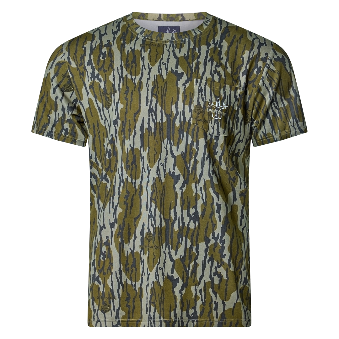 Bottomland bamboo cotton stretch pocket T-shirt with Sportsman logo, featuring UPF 50+ sun protection, moisture-wicking breathable fabric, and a flattering fit for hunting, fishing, hiking, and outdoor performance wear.