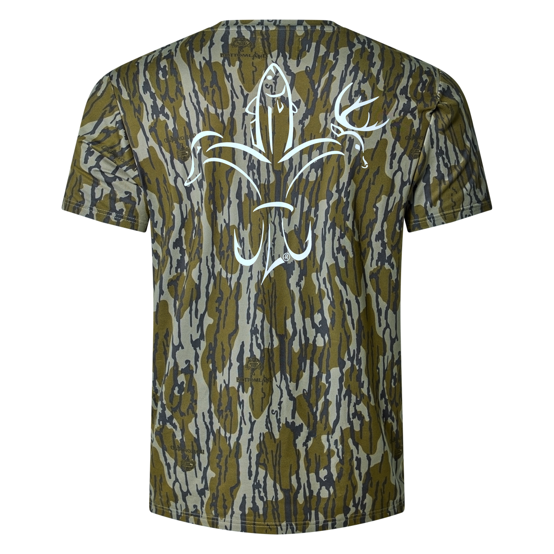 Mossy Oak Bottomland bamboo cotton stretch pocket T-shirt with Sportsman logo, featuring UPF 50+ sun protection, moisture-wicking breathable fabric, and a flattering fit for hunting, fishing, hiking, and outdoor performance wear.
