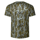 Mossy Oak Bottomland bamboo cotton stretch pocket T-shirt with Sportsman logo, featuring UPF 50+ sun protection, moisture-wicking breathable fabric, and a flattering fit for hunting, fishing, hiking, and outdoor performance wear.