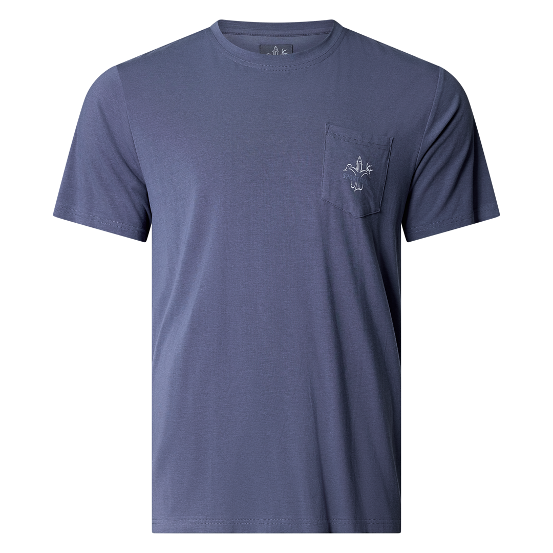 bamboo cotton stretch pocket T-shirt with Sportsman logo, featuring UPF 50+ sun protection, moisture-wicking breathable fabric, and a flattering fit for hunting, fishing, hiking, and outdoor performance wear.