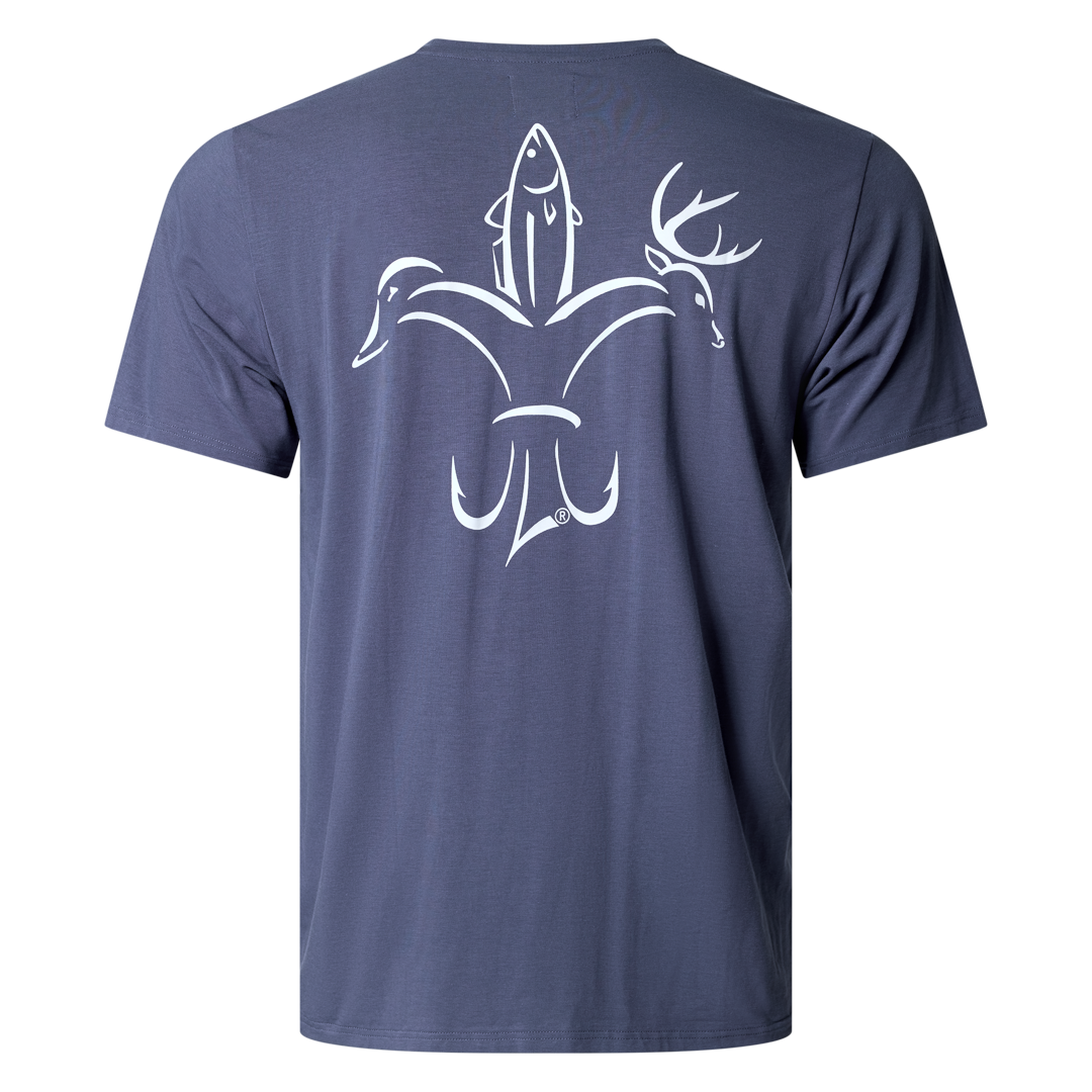 Men’s bamboo cotton stretch pocket T-shirt with Sportsman logo, featuring UPF 50+ sun protection, moisture-wicking breathable fabric, and a flattering fit for hunting, fishing, hiking, and outdoor performance wear.