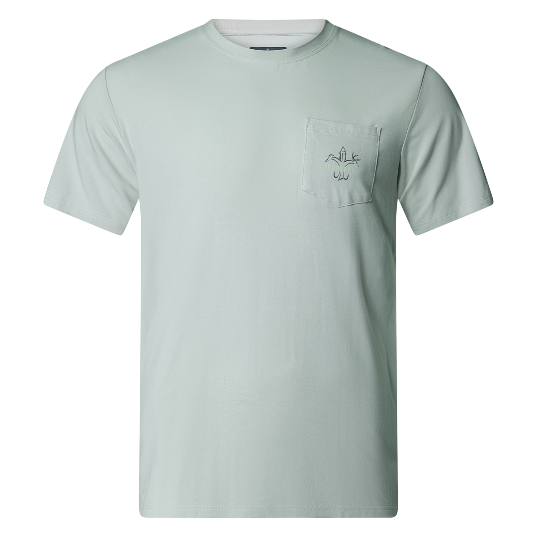 Men’s bamboo cotton stretch pocket T-shirt with Sportsman logo, featuring UPF 50+ sun protection, moisture-wicking breathable fabric, and a flattering fit for hunting, fishing, hiking, and outdoor performance wear.