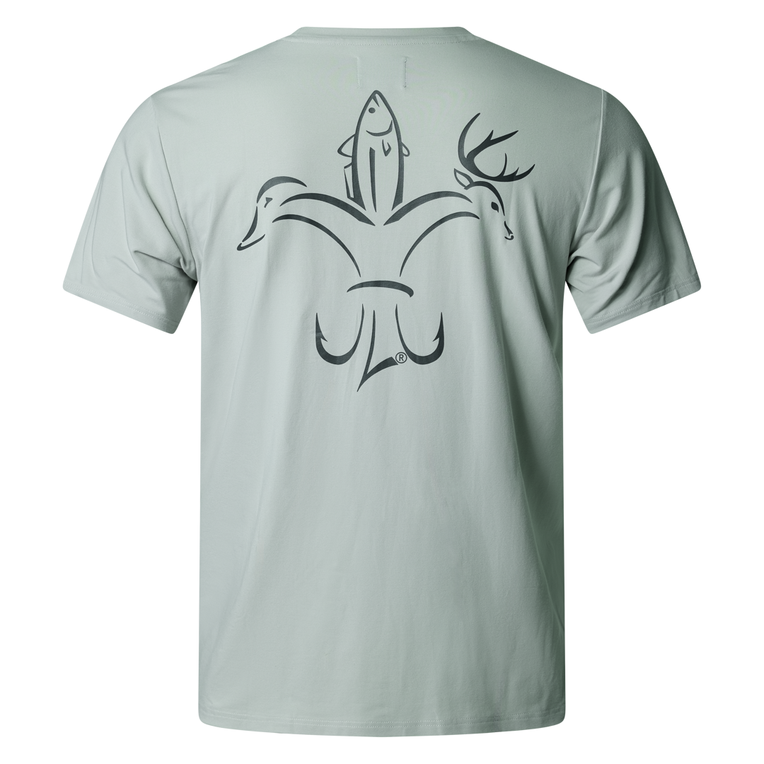 Men’s bamboo cotton stretch pocket T-shirt with Sportsman logo, featuring UPF 50+ sun protection, moisture-wicking breathable fabric, and a flattering fit for hunting, fishing, hiking, and outdoor performance wear.