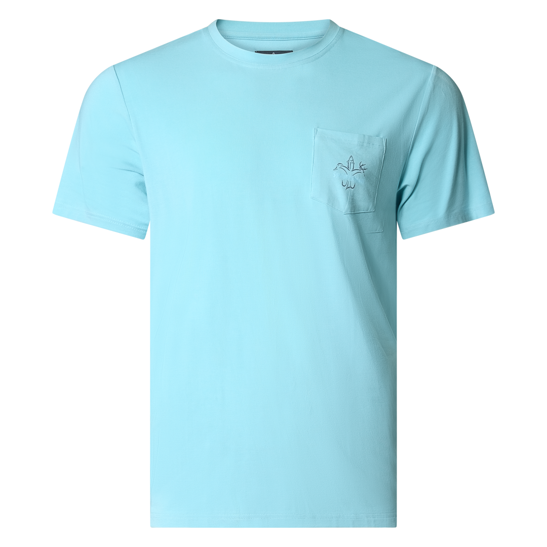 Men’s bamboo cotton stretch pocket T-shirt with Sportsman logo, featuring UPF 50+ sun protection, moisture-wicking breathable fabric, and a flattering fit for hunting, fishing, hiking, and outdoor performance wear.