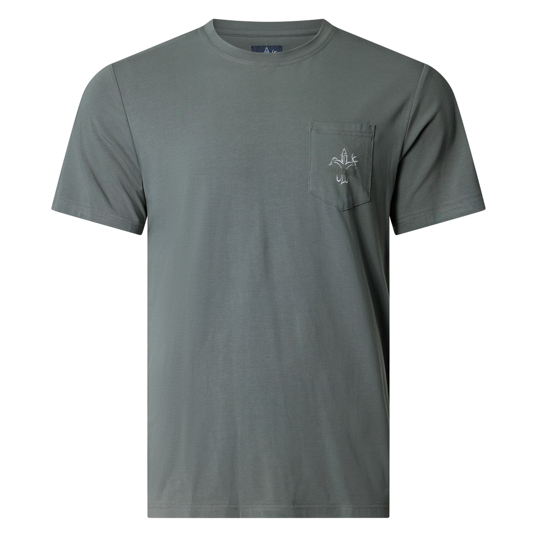 bamboo cotton stretch pocket T-shirt with Sportsman logo, featuring UPF 50+ sun protection, moisture-wicking breathable fabric, and a flattering fit for hunting, fishing, hiking, and outdoor performance wear.