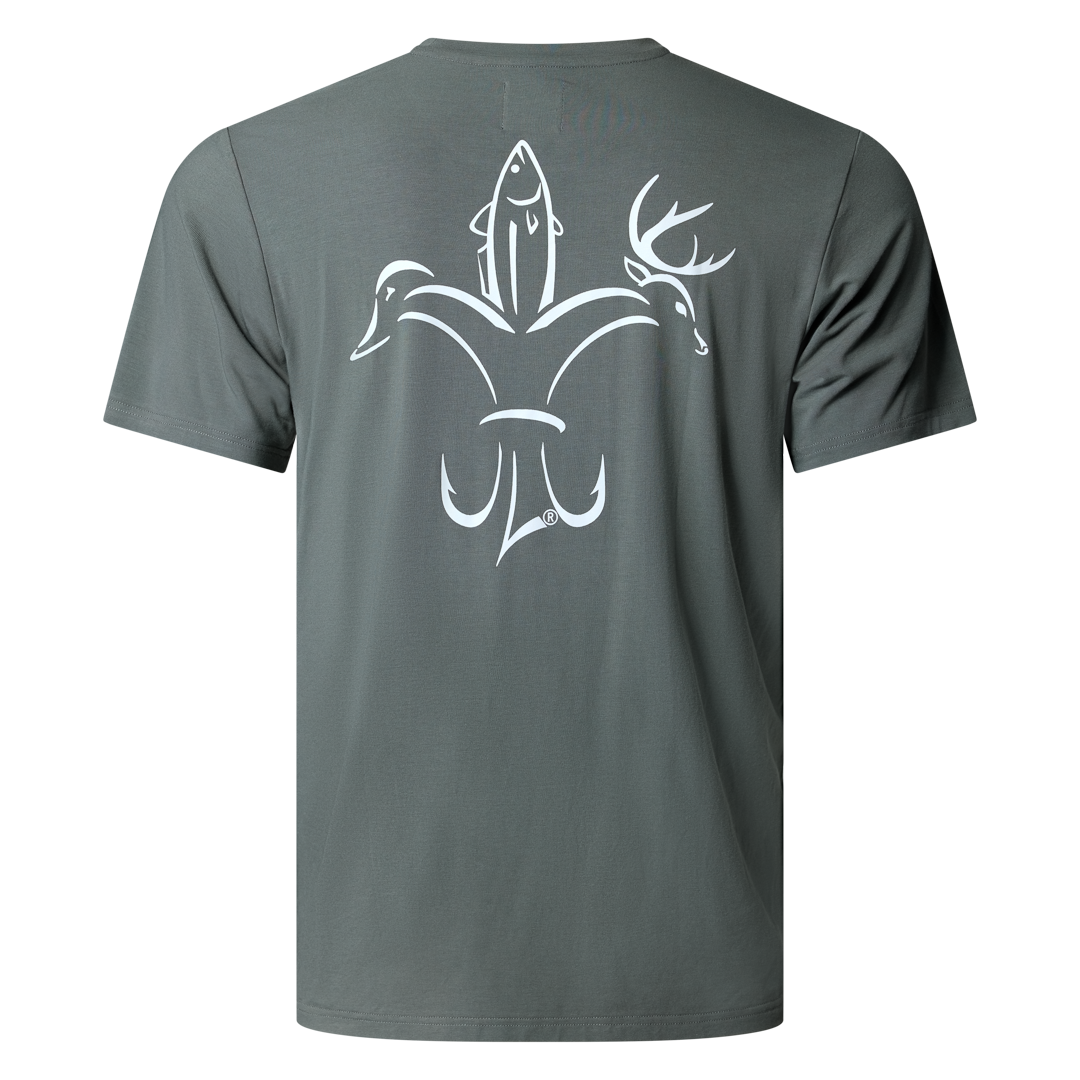 bamboo cotton stretch pocket T-shirt with Sportsman logo, featuring UPF 50+ sun protection, moisture-wicking breathable fabric, and a flattering fit for hunting, fishing, hiking, and outdoor performance wear.