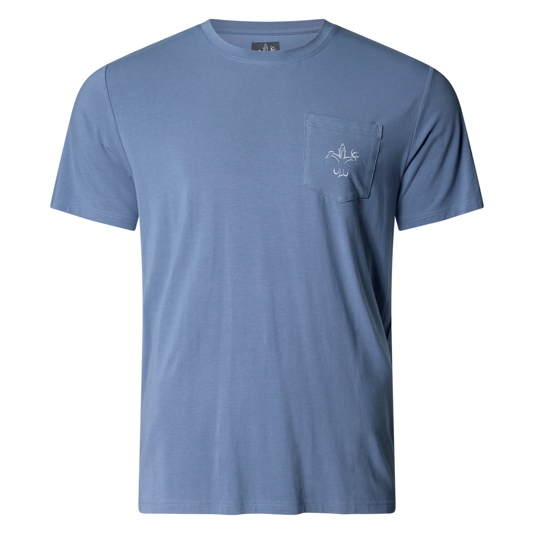 bamboo cotton stretch pocket T-shirt with Sportsman logo, featuring UPF 50+ sun protection, moisture-wicking breathable fabric, and a flattering fit for hunting, fishing, hiking, and outdoor performance wear.