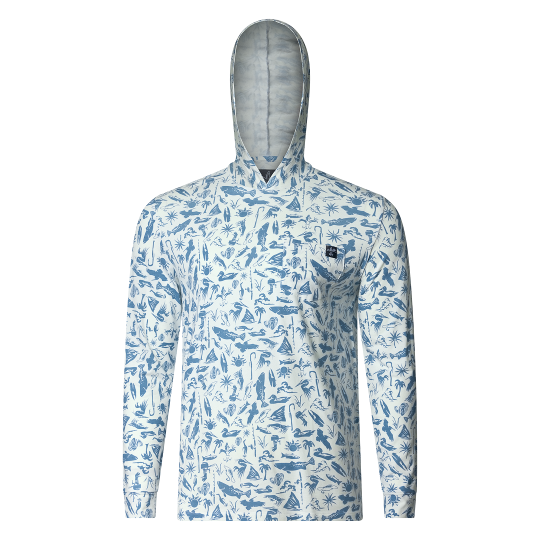 Lightweight bamboo long sleeve hoodie with UPF 50+ sun protection, moisture-wicking fabric, and breathable design for hunting, fishing, hiking, and outdoor adventures.