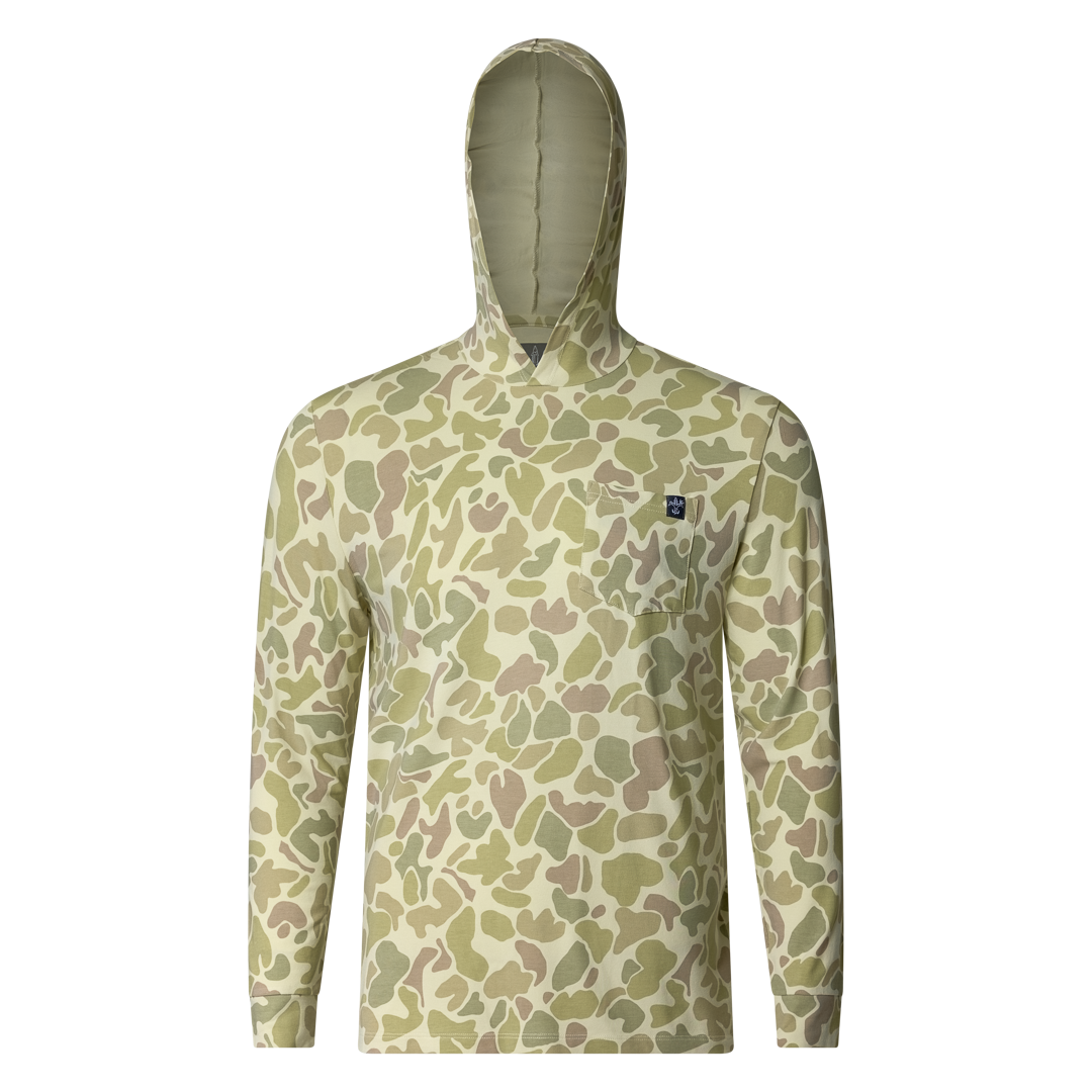 Lightweight bamboo long sleeve hoodie with UPF 50+ sun protection, moisture-wicking fabric, and breathable design for hunting, fishing, hiking, and outdoor adventures.