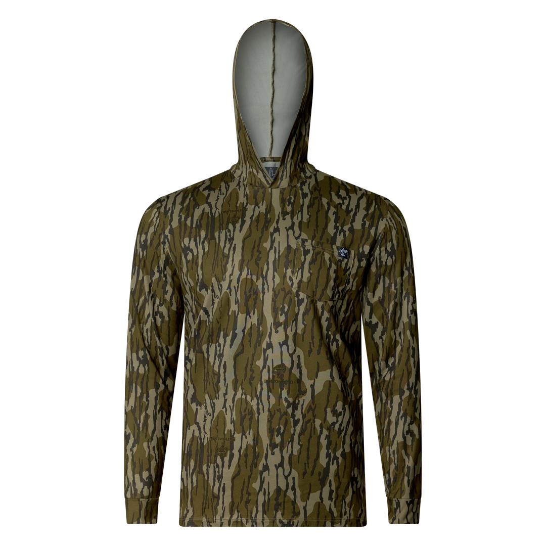 Lightweight bamboo long sleeve hoodie with UPF 50+ sun protection, moisture-wicking fabric, and breathable design for hunting, fishing, hiking, and outdoor adventures. Now available in Mossy Oak Bottomland.