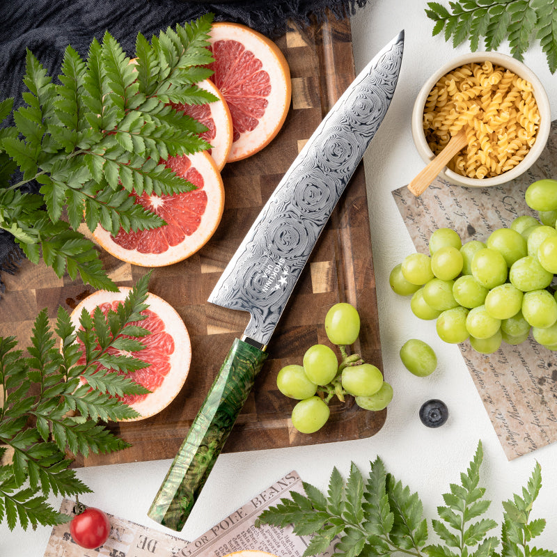 Deuce Custom Japanese Chef Knife with Exotic Maple Burl Wood Handle