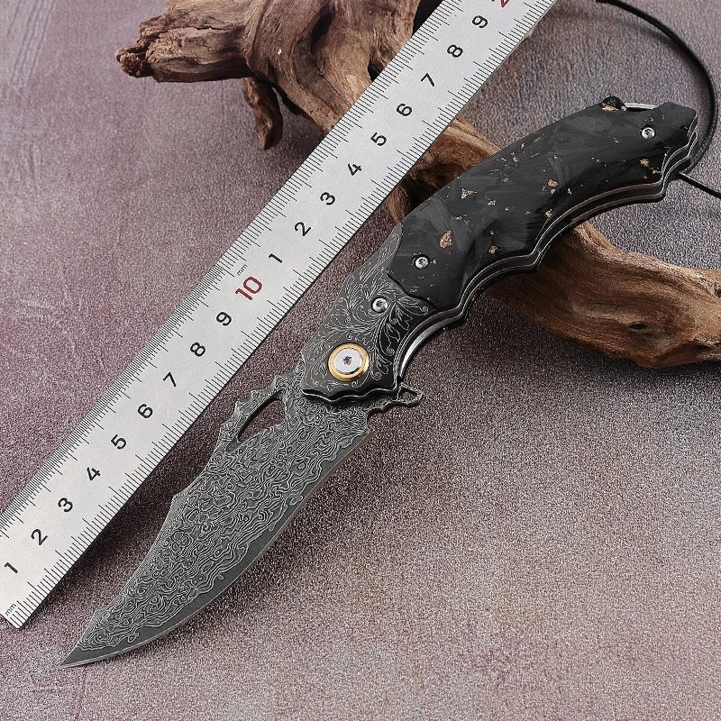 Black gold EDC Gentlemen's Pocket Knife with 14K Gold Foil Carbon Fiber Handle & Sheath Personalized