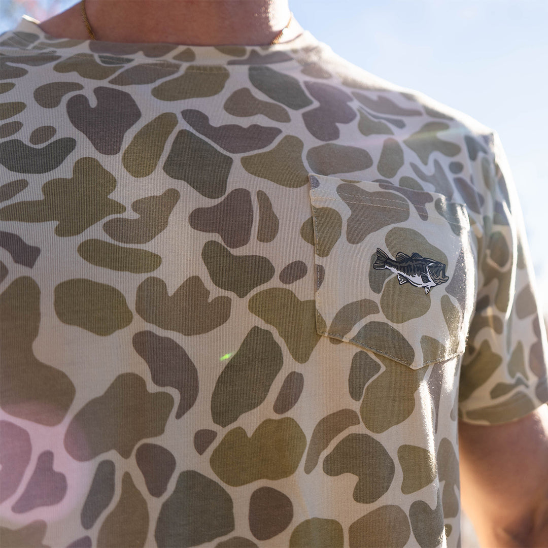 Performance bamboo blend short sleeve T-shirt with camouflage print, wildlife designs on pocket, breathable and stretchy, perfect for hunting, fishing, and outdoor activities.