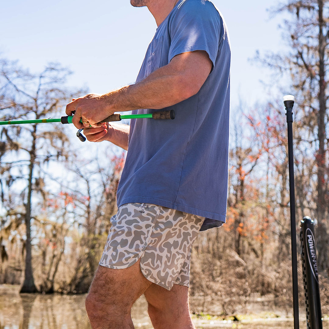 Men’s performance Rock Shorts with 6-inch inseam, made from polyester-spandex blend for stretch, comfort, and durability—ideal for fishing, hiking, and warm-weather outdoor activities.