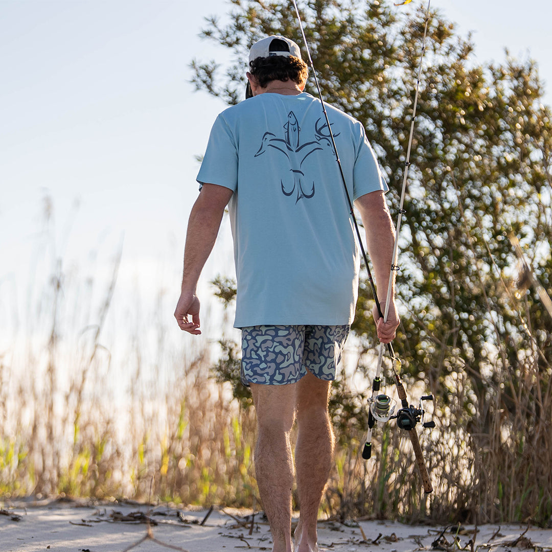 Men’s performance Rock Shorts with 6-inch inseam, made from polyester-spandex blend for stretch, comfort, and durability—ideal for fishing, hiking, and warm-weather outdoor activities.