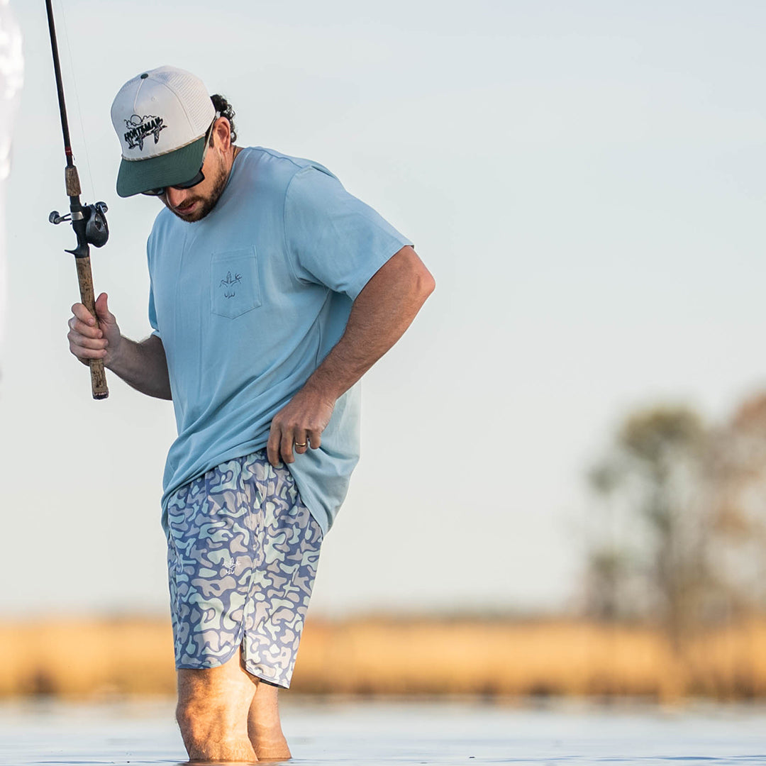 Men’s bamboo cotton stretch pocket T-shirt with Sportsman logo, featuring UPF 50+ sun protection, moisture-wicking breathable fabric, and a flattering fit for hunting, fishing, hiking, and outdoor performance wear.