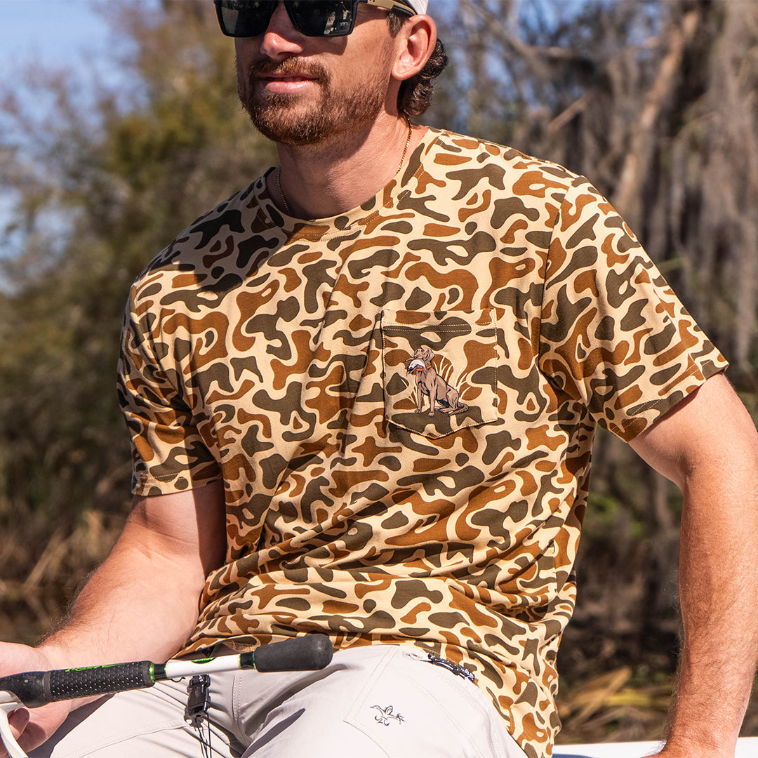 Performance bamboo blend short sleeve T-shirt with camouflage print, wildlife designs on pocket, breathable and stretchy, perfect for hunting, fishing, and outdoor activities.