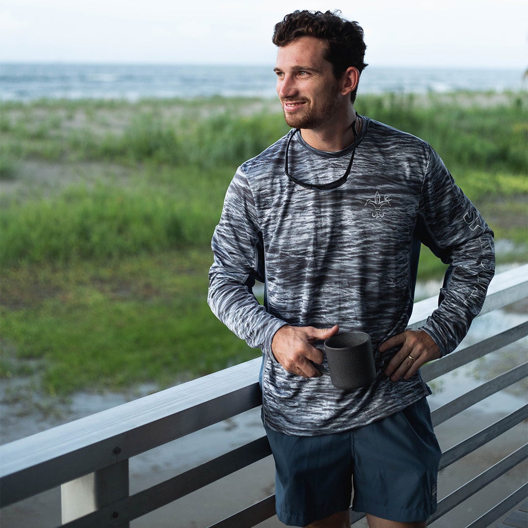 Action Shot on Porch - Hydrotech Long Sleeve Performance Fishing Shirt - Overcast Camo - UPF 50+ Sun Protection - Men's Moisture Wicking Quick Dry T Shirt - Sportsman Gear