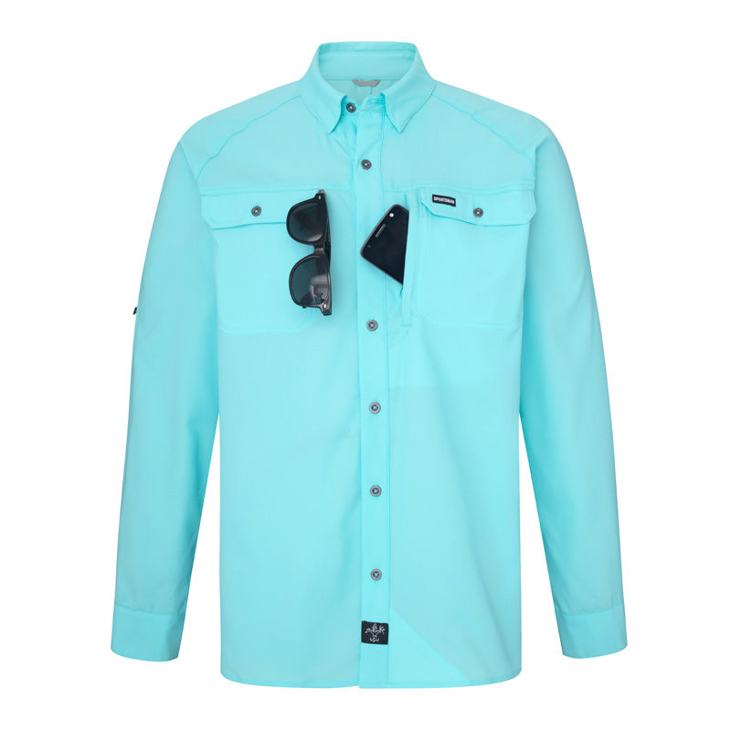sportsman spooler long sleeve button down fishing shirt light blue