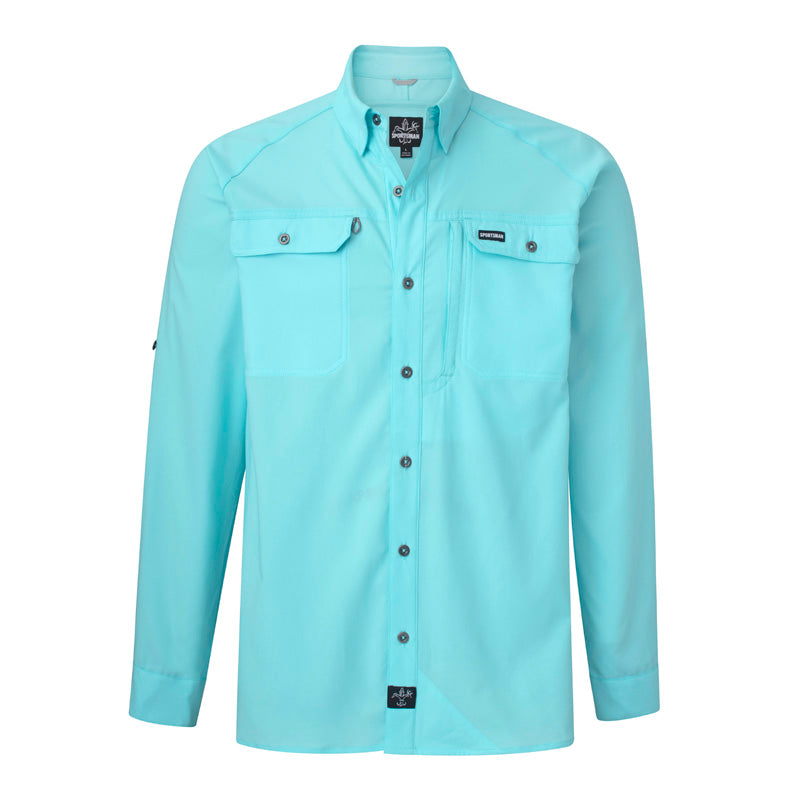 sportsman spooler long sleeve button down fishing shirt light blue 