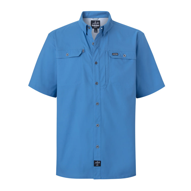 sportsman spooler short sleeve button down fishing shirt blue 