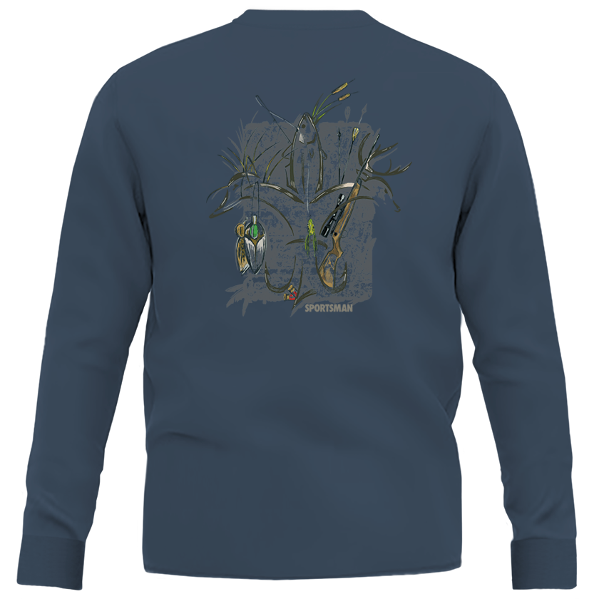 Navy long sleeve t shirt with Always in Season graphic on back.