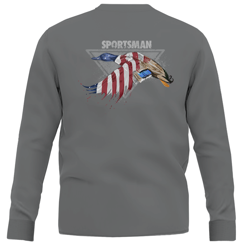 Grey long sleeve t shirt with USA mallard graphic.