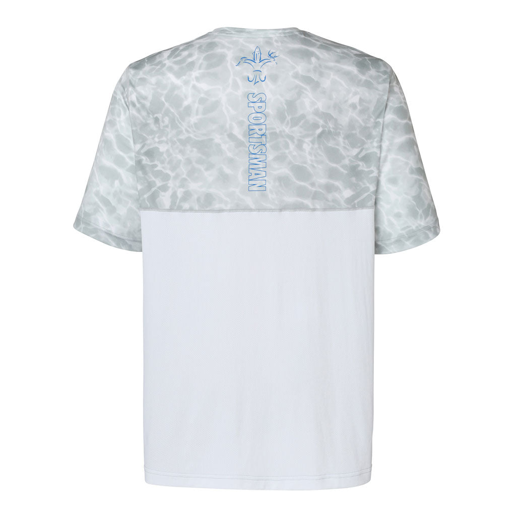 Sportsman cool breeze short sleeve performance fishing shirt white and grey - blue deer duck fish hook fleur-de-lis logo