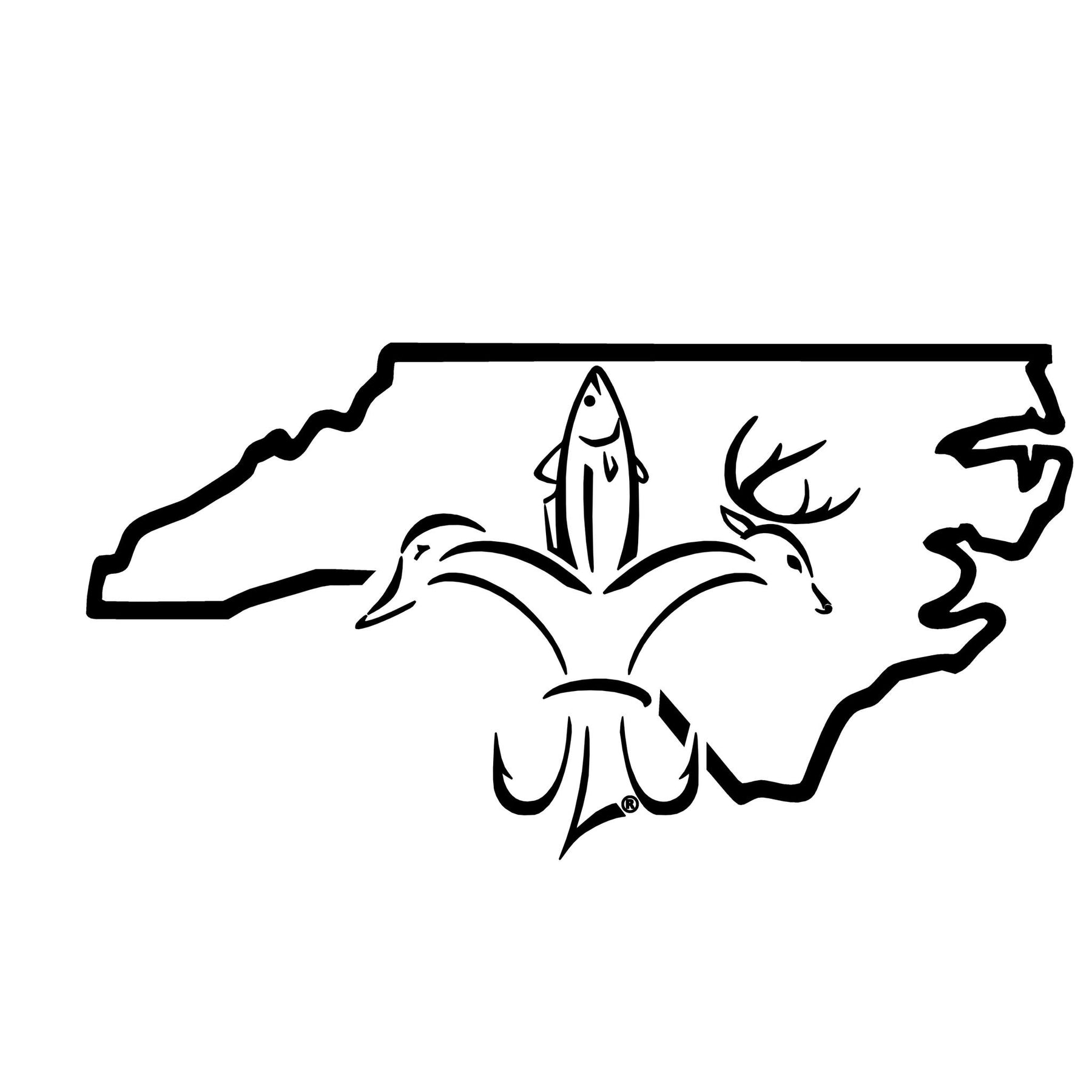 North Carolina Sportsman State Decal - Deer, duck, fish, hook fleur-de-lis logo