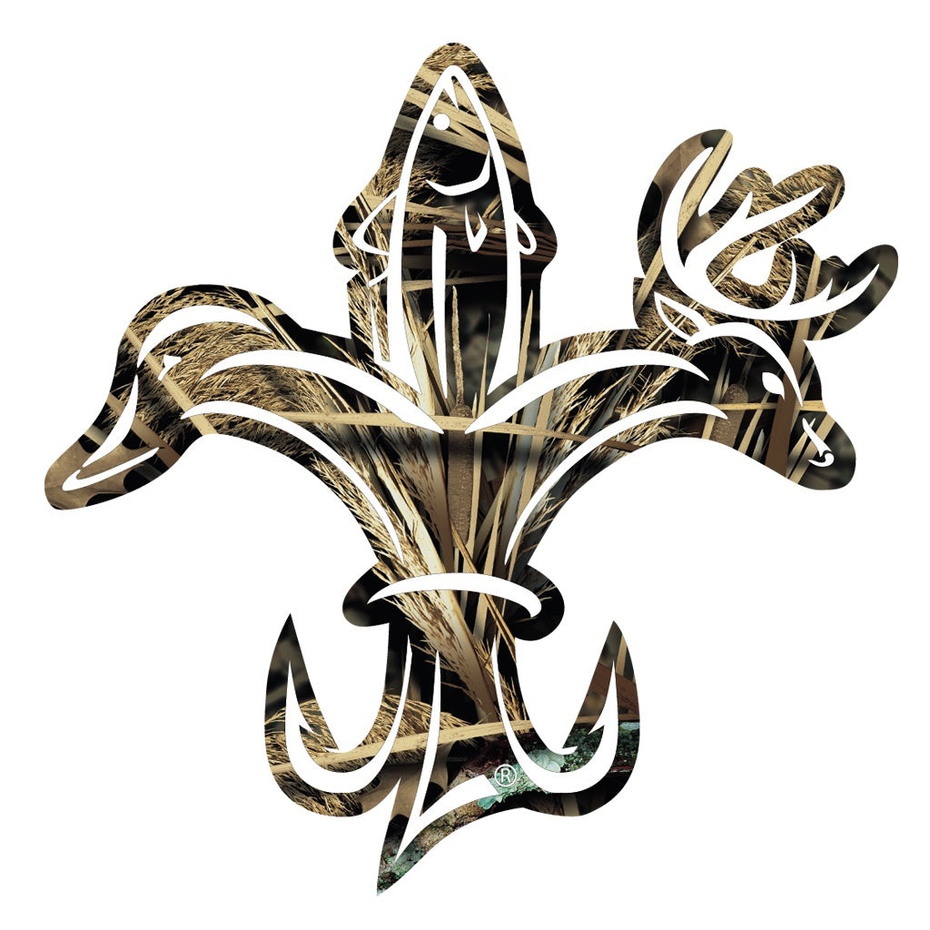 Sportsman Camo Decal - deer, duck, fish, hook fleur-de-lis logo