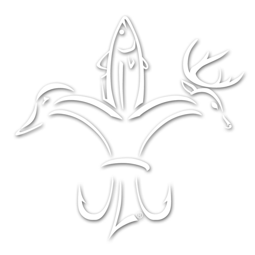 White Sportsman Decal - Deer, Duck, Fish, Hook Fleur-de-lis Logo