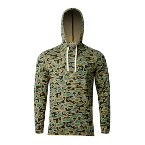 Lightweight bamboo long sleeve hoodie with UPF 50+ sun protection, moisture-wicking fabric, and breathable design for hunting, fishing, hiking, and outdoor adventures.