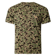 Performance bamboo blend short sleeve T-shirt with camouflage print, wildlife designs on pocket, breathable and stretchy, perfect for hunting, fishing, and outdoor activities.
