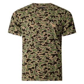 Performance bamboo blend short sleeve T-shirt with camouflage print, wildlife designs on pocket, breathable and stretchy, perfect for hunting, fishing, and outdoor activities.