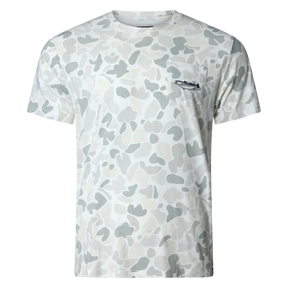 Performance bamboo blend short sleeve T-shirt with camouflage print, wildlife designs on pocket, breathable and stretchy, perfect for hunting, fishing, and outdoor activities.