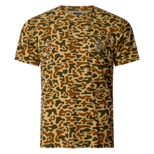 Performance bamboo blend short sleeve T-shirt with camouflage print, wildlife designs on pocket, breathable and stretchy, perfect for hunting, fishing, and outdoor activities.