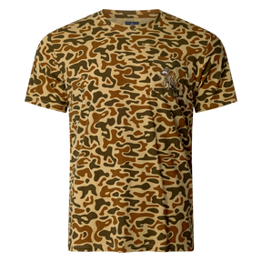 Performance bamboo blend short sleeve T-shirt with camouflage print, wildlife designs on pocket, breathable and stretchy, perfect for hunting, fishing, and outdoor activities.