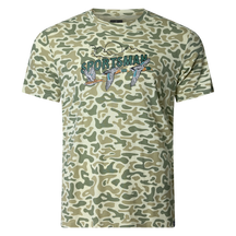 Performance bamboo blend short sleeve T-shirt with camouflage print, wildlife designs on pocket, breathable and stretchy, perfect for hunting, fishing, and outdoor activities.