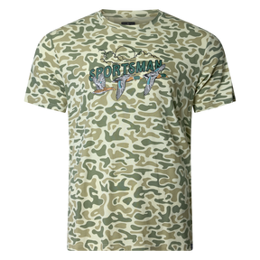 Performance bamboo blend short sleeve T-shirt with camouflage print, wildlife designs on pocket, breathable and stretchy, perfect for hunting, fishing, and outdoor activities.