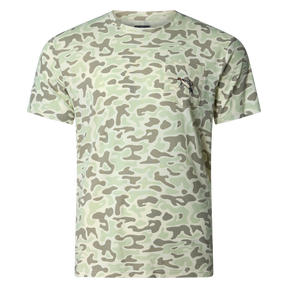 Performance bamboo blend short sleeve T-shirt with camouflage print, wildlife designs on pocket, breathable and stretchy, perfect for hunting, fishing, and outdoor activities.