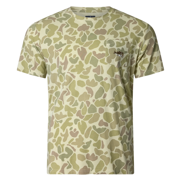 Performance bamboo blend short sleeve T-shirt with camouflage print, wildlife designs on pocket, breathable and stretchy, perfect for hunting, fishing, and outdoor activities.